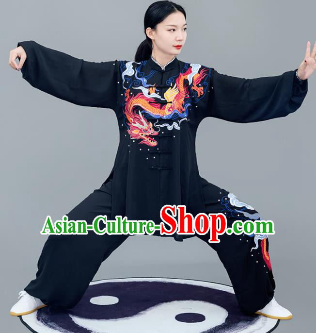 Chinese Traditional Tai Chi Training Embroidered Dragon Black Costumes Martial Arts Performance Outfits for Women