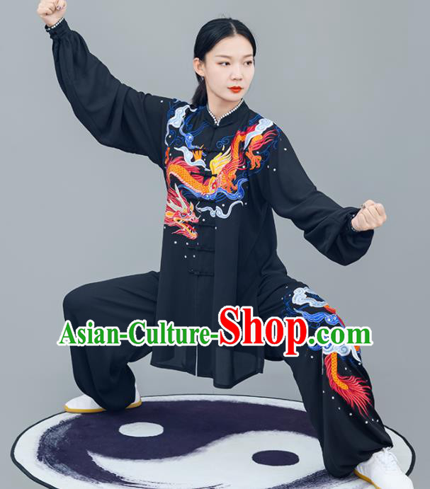 Chinese Traditional Tai Chi Training Embroidered Dragon Black Costumes Martial Arts Performance Outfits for Women