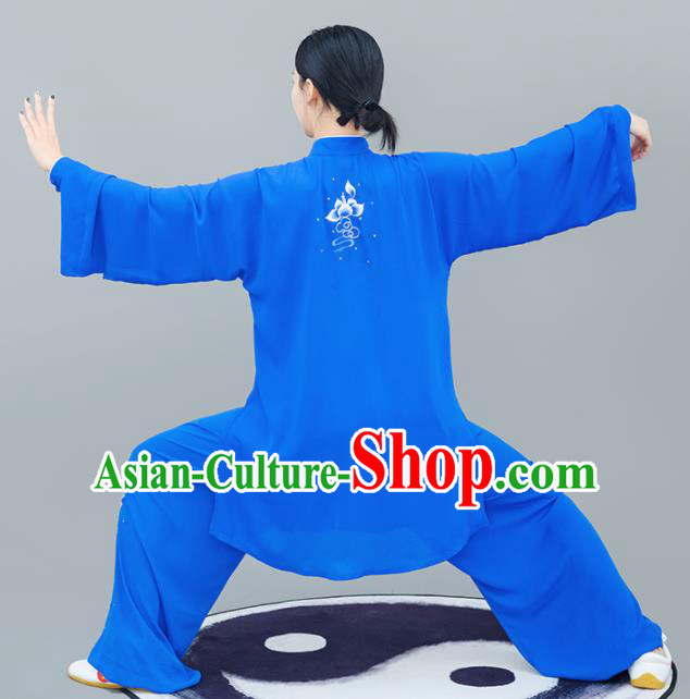 Chinese Traditional Tai Chi Training Embroidered Lotus Royalblue Costumes Martial Arts Performance Outfits for Women
