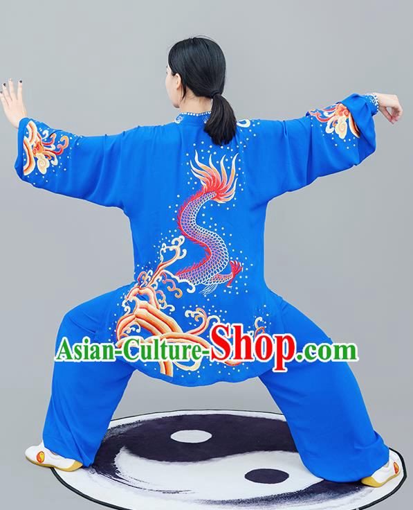 Chinese Traditional Tai Chi Training Embroidered Dragon Royalblue Costumes Martial Arts Performance Outfits for Women