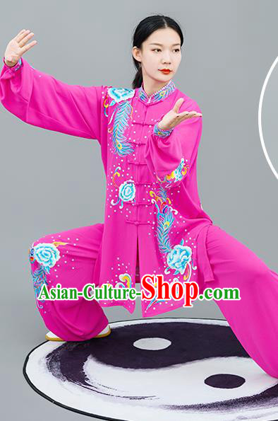 Chinese Traditional Tai Chi Training Embroidered Phoenix Peony Rosy Costumes Martial Arts Performance Outfits for Women