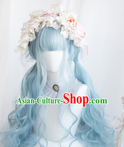 Top Grade Cosplay Blue Wigs Young Lady Long Curly Hair Wiggery Headdress for Women