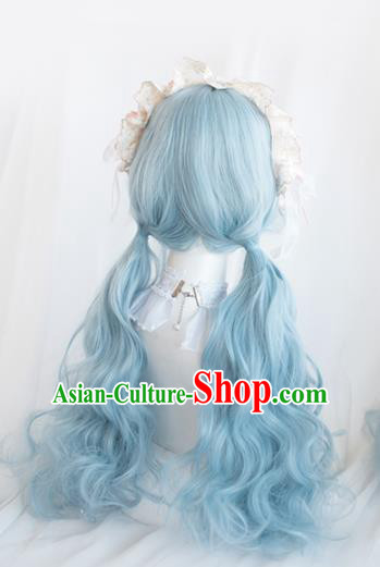 Top Grade Cosplay Blue Wigs Young Lady Long Curly Hair Wiggery Headdress for Women