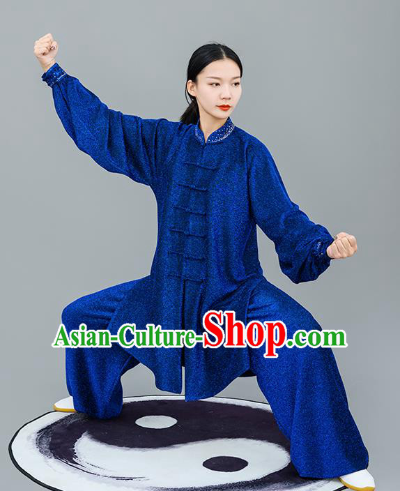 Chinese Traditional Tai Chi Training Bright Silk Royalblue Costumes Martial Arts Performance Outfits for Women