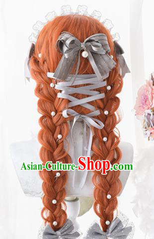 Top Grade Cosplay Lolita Orange Wigs Nobility Lady Long Curly Hair Wiggery Headdress for Women