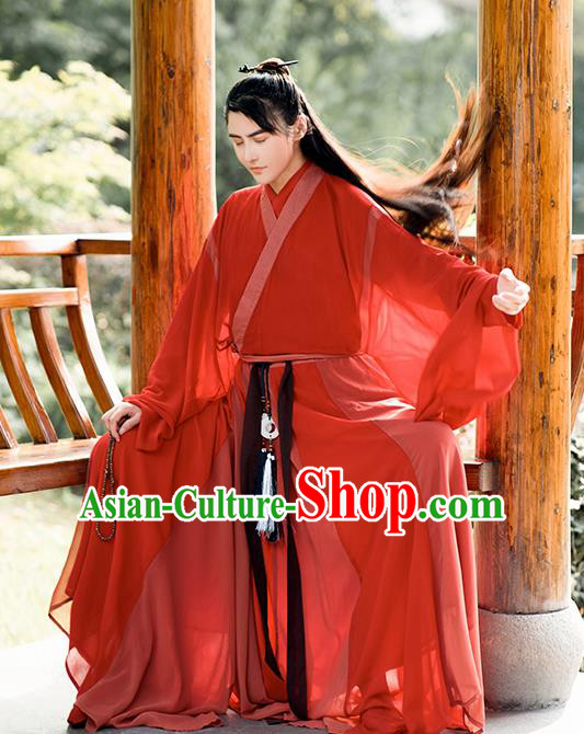 Chinese Traditional Cosplay Swordsman Red Costumes Ancient Crown Prince Clothing for Men