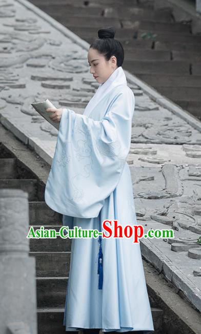 Chinese Traditional Ming Dynasty Scholar Blue Costumes Ancient Taoist Priest Clothing for Men