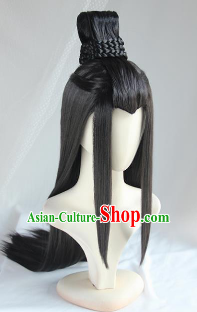 Chinese Cosplay Swordsman Black Wigs Ancient Crown Prince Chang Qin Wiggery Headdress for Men