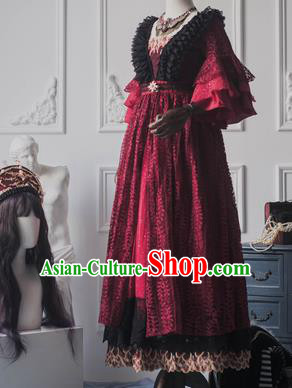 Top Grade Cosplay Queen Wine Red Dress Halloween Magic Princess Costume for Women