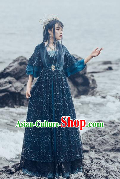 Top Grade Cosplay Queen Blue Dress Halloween Magic Princess Costume for Women