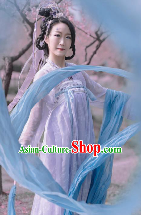 Chinese Traditional Tang Dynasty Princess Costumes Ancient Goddess Lilac Hanfu Dress for Women