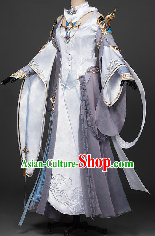 Chinese Traditional Cosplay Peri Goddess Costumes Ancient Female Swordsman White Hanfu Dress for Women