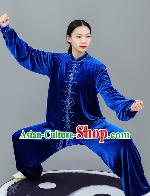 Chinese Traditional Tai Chi Training Royalblue Velvet Costumes Martial Arts Performance Outfits for Women