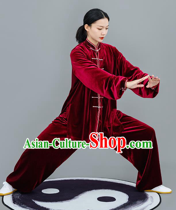Chinese Traditional Tai Chi Training Purplish Red Velvet Costumes Martial Arts Performance Outfits for Women