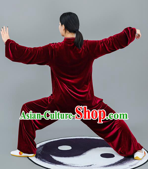 Chinese Traditional Tai Chi Training Purplish Red Velvet Costumes Martial Arts Performance Outfits for Women