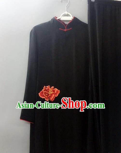 Chinese Traditional Tai Chi Training Embroidered Red Peony Velvet Costumes Martial Arts Performance Outfits for Women