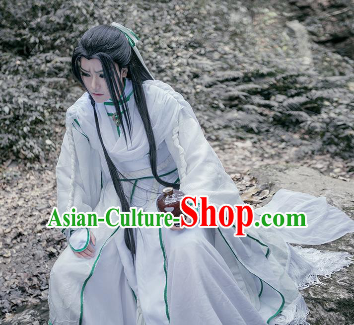 Chinese Traditional Cosplay Swordsman White Costumes Ancient Royal Highness King Clothing for Men