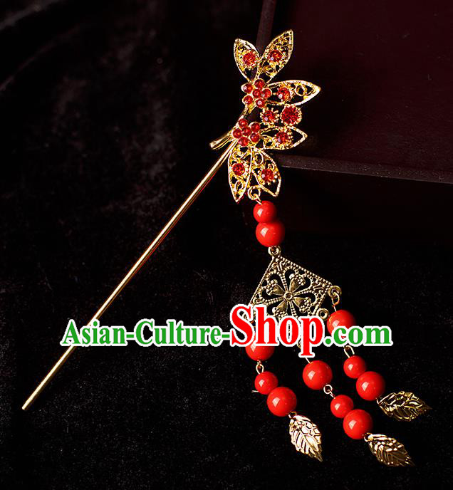 Chinese Traditional Tang Dynasty Princess Red Beads Tassel Hairpins Ancient Palace Lady Headdress for Women