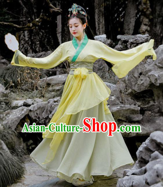 Chinese Traditional Qin Dynasty Court Princess Costumes Ancient Drama Swordsman Yellow Hanfu Dress for Women