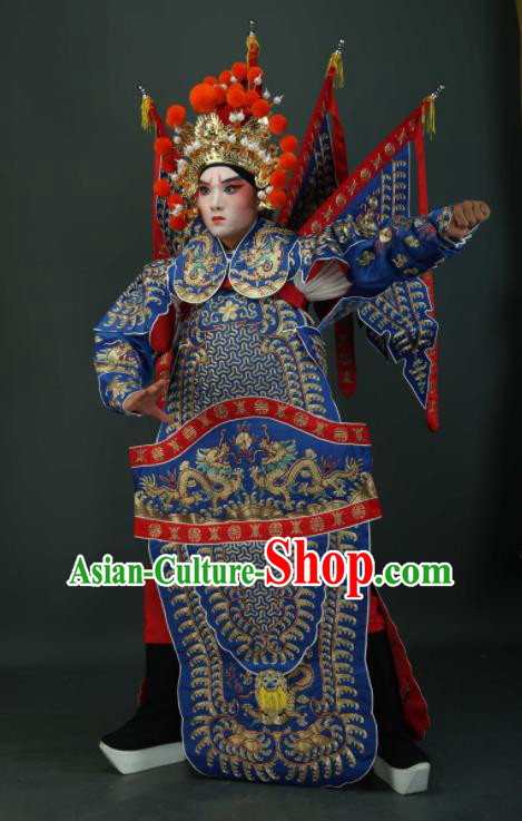 Chinese Traditional Beijing Opera Chu King Blue Costumes Peking Opera Takefu Embroidered Da Kao Clothing for Men