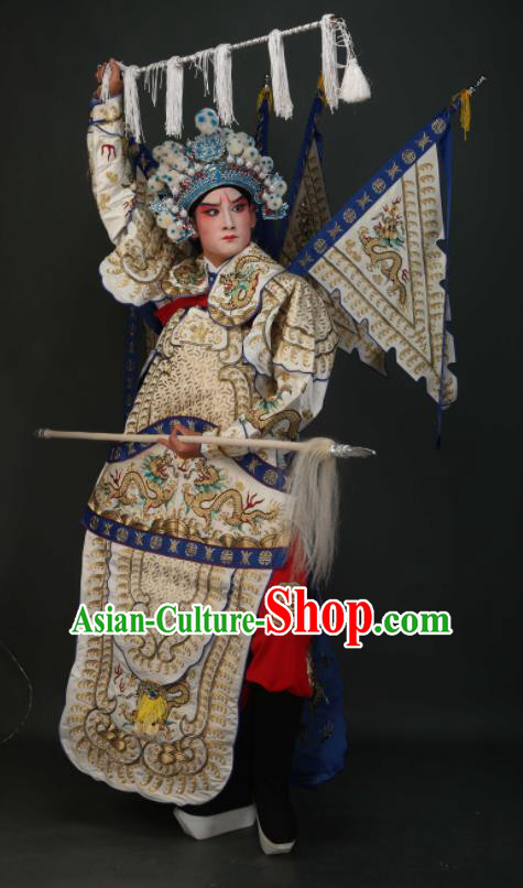 Chinese Traditional Beijing Opera Chu King White Costumes Peking Opera Takefu Embroidered Da Kao Clothing for Men
