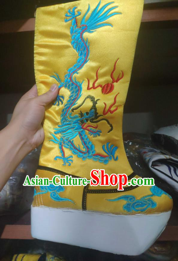 Chinese Traditional Beijing Opera Embroidered Dragon Yellow Boots Peking Opera Takefu Shoes for Men