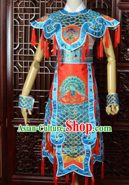 Chinese Traditional Beijing Opera Daomadan Blue Clothing Peking Opera Female Warrior Costumes for Women