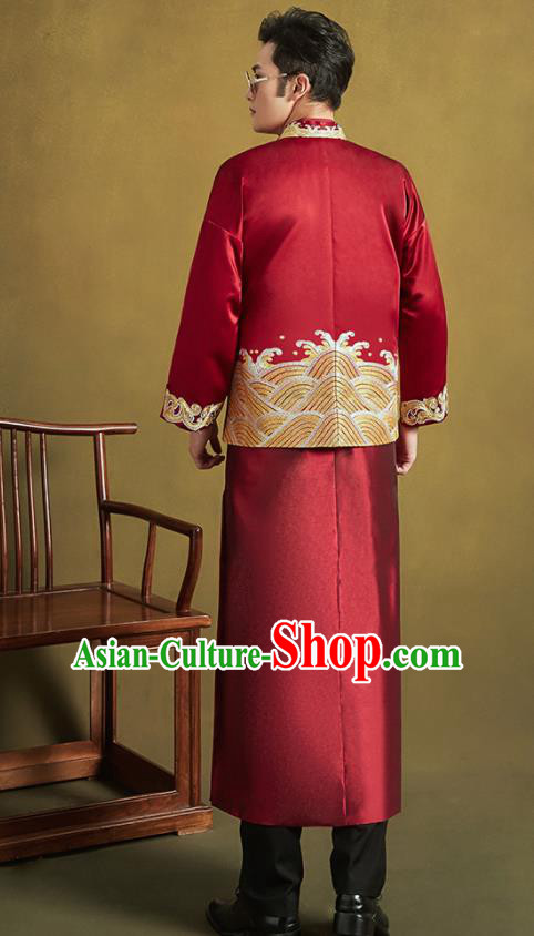 Chinese Traditional Wedding Tang Suit Costumes Ancient Bridegroom Embroidered Dragon Blouse and Long Gown for Men