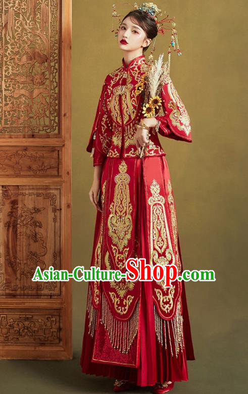 Chinese Traditional Red Xiu He Suit Embroidered Wedding Dress Ancient Bride Costumes for Women