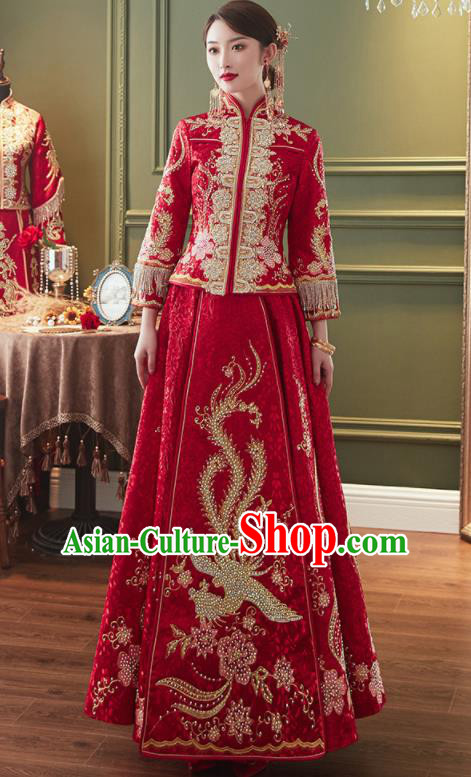 Chinese Traditional Embroidered Phoenix Drilling Red Xiu He Suit Wedding Dress Ancient Bride Costumes for Women