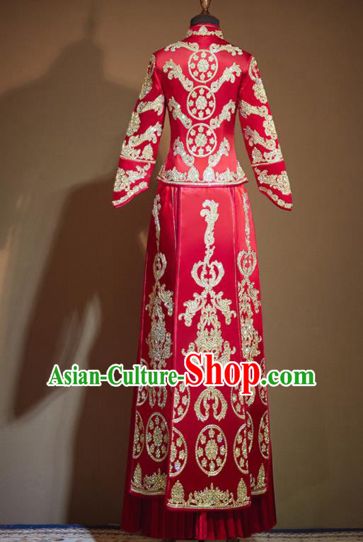 Chinese Traditional Embroidered Drilling Red Xiu He Suit Wedding Dress Ancient Bride Costumes for Women
