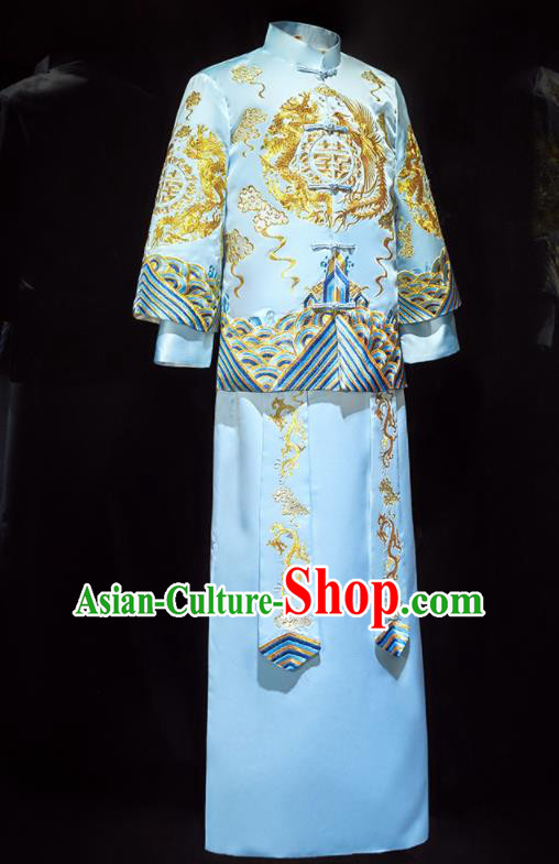 Chinese Ancient Bridegroom Embroidered Blue Mandarin Jacket and Long Gown Traditional Wedding Tang Suit Costumes for Men