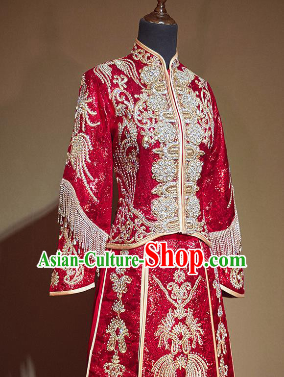 Chinese Traditional Diamante Xiu He Suit Ancient Wedding Embroidered Red Dress Bride Costumes for Women
