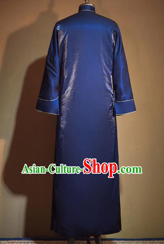 Chinese Ancient Bridegroom Embroidered Blue Long Gown Traditional Wedding Tang Suit Costumes for Men