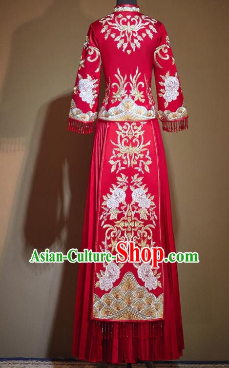Chinese Traditional Embroidered Peony Drilling Red Xiu He Suit Wedding Dress Ancient Bride Costumes for Women