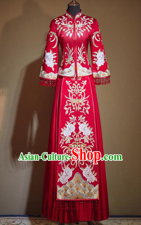 Chinese Traditional Embroidered Peony Drilling Red Xiu He Suit Wedding Dress Ancient Bride Costumes for Women