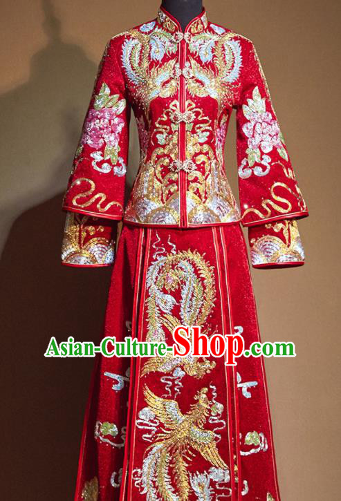 Chinese Traditional Drilling Red Xiu He Suit Embroidered Phoenix Wedding Dress Ancient Bride Costumes for Women