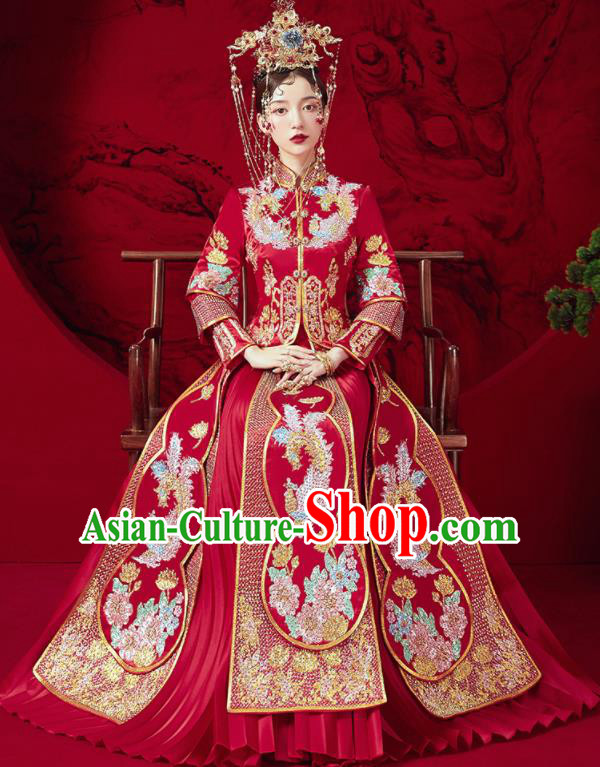 Chinese Traditional Drilling Peony Red Xiu He Suit Embroidered Phoenix Wedding Dress Ancient Bride Costumes for Women