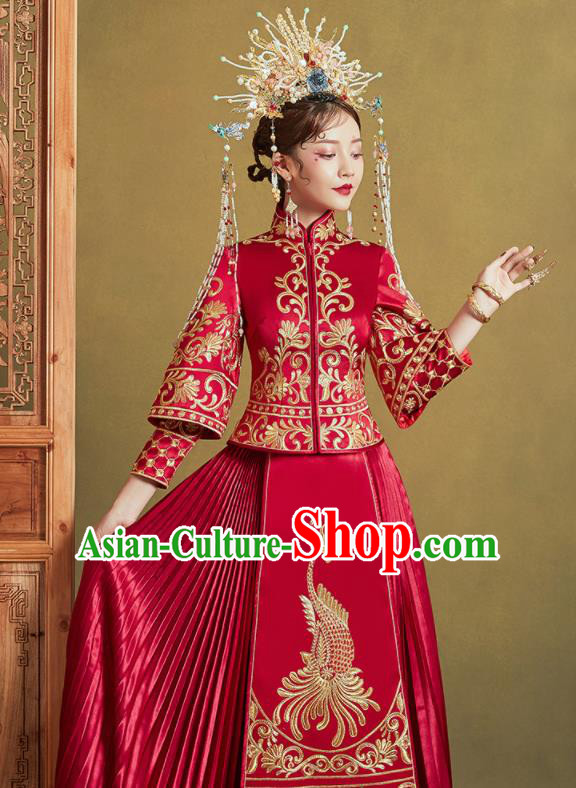 Chinese Traditional Red Xiu He Suit Embroidered Phoenix Wedding Dress Ancient Bride Costumes for Women