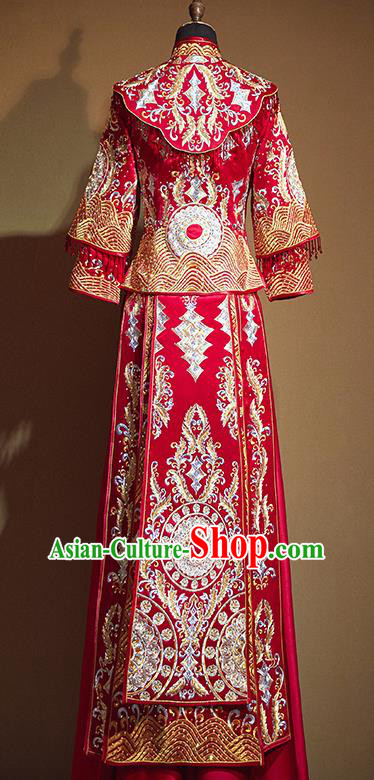 Chinese Traditional Diamante Embroidered Xiu He Suit Ancient Wedding Red Dress Bride Costumes for Women
