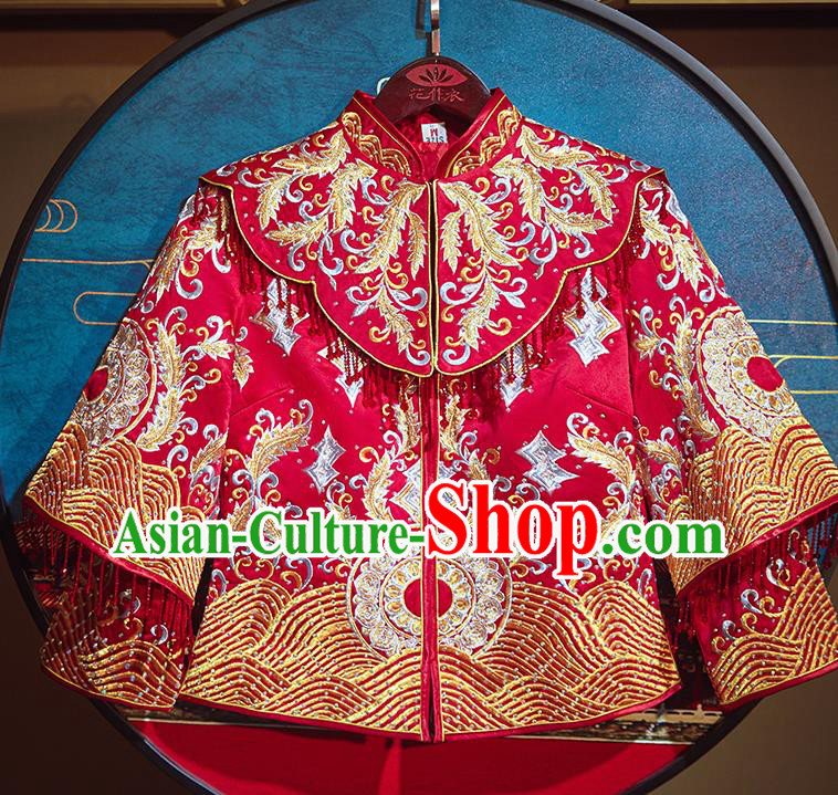 Chinese Traditional Diamante Embroidered Xiu He Suit Ancient Wedding Red Dress Bride Costumes for Women