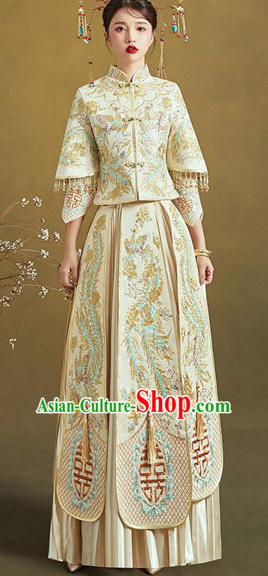 Chinese Traditional Embroidered Xiu He Suit Ancient Wedding Beige Dress Bride Costumes for Women
