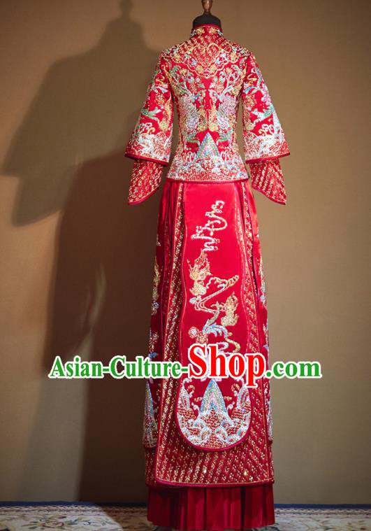 Chinese Traditional Embroidered Lotus Red Xiu He Suit Ancient Wedding Dress Bride Costumes for Women