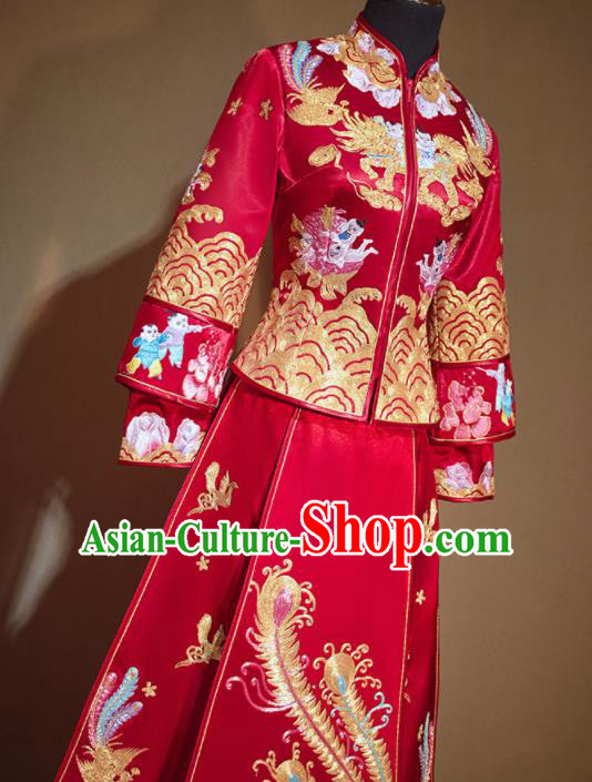 Chinese Traditional Embroidered Playing Boys Red Xiu He Suit Ancient Wedding Dress Bride Costumes for Women
