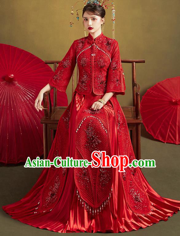Chinese Traditional Red Xiu He Suit Ancient Wedding Dress Bride Costumes for Women