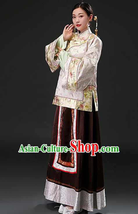 Chinese Ancient Qing Dynasty Nobility Lady Pink Blouse and Brown Skirt Traditional Patrician Mistress Costumes for Women