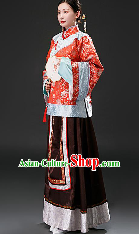 Chinese Ancient Qing Dynasty Nobility Concubine Red Blouse and Brown Skirt Traditional Patrician Mistress Costumes for Women
