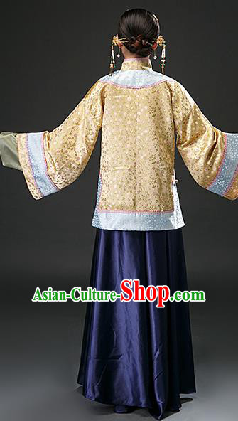 Chinese Ancient Qing Dynasty Patrician Yellow Blouse and Navy Skirt Traditional Nobility Concubine Costumes for Women