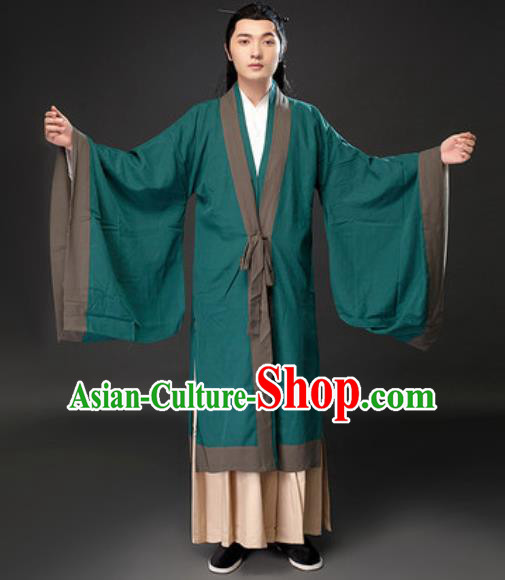 Chinese Ancient Taoist Priest Green Clothing Traditional Tang Dynasty Civilian Scholar Costumes for Men