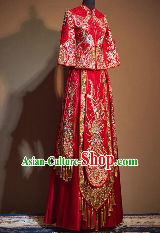 Chinese Traditional Wedding Drilling Phoenix Xiu He Suit Embroidered Red Dress Ancient Bride Costumes for Women
